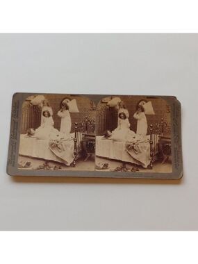 Antique Stereograph Card Victorian Pillow Fight 1900